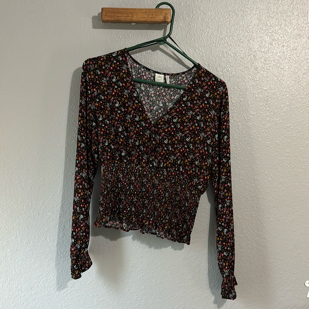 Paper Crane black, yellow, and red floral blouse. Size small.